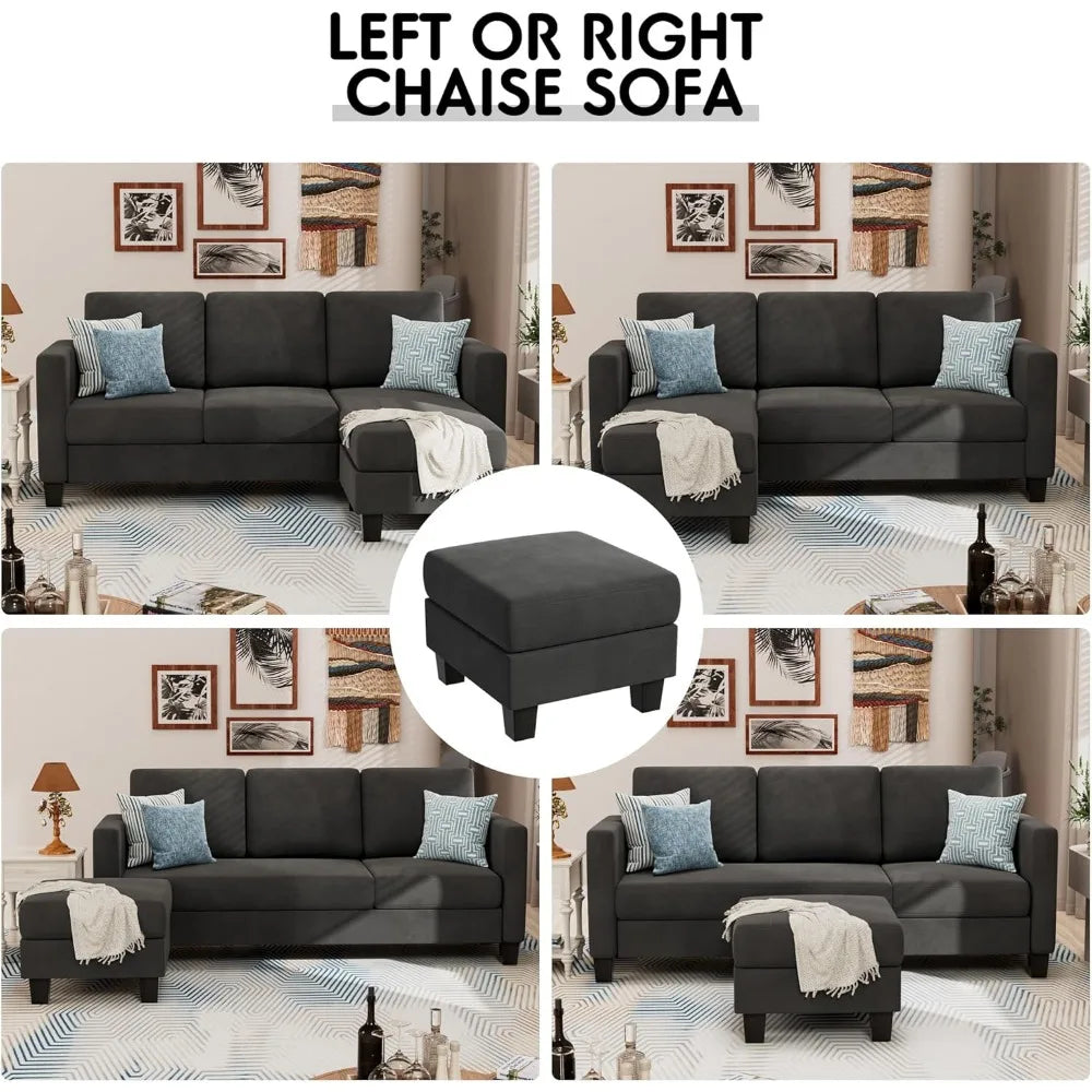 Convertible Sectional 3 L-Shaped Couch, Space-Saving for Living Room