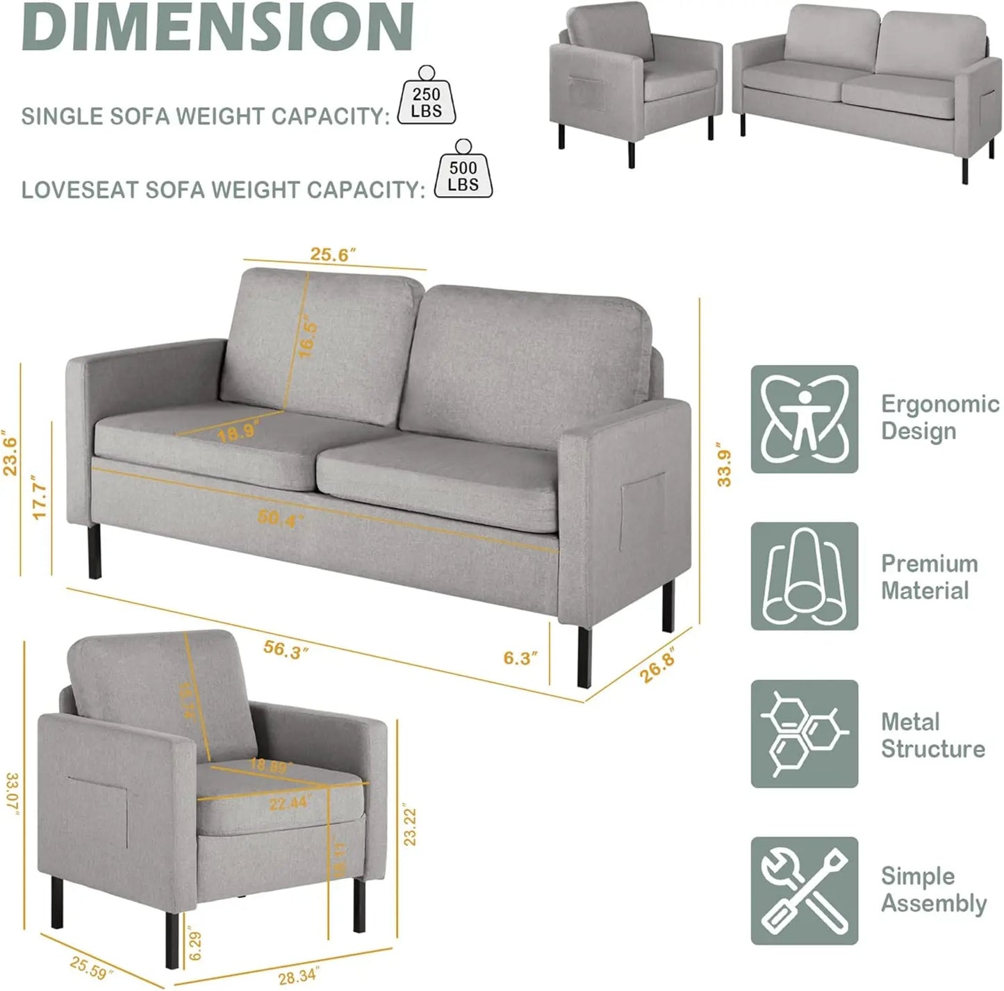 Sectional Sofa, Loveseat/Sofa/Set with USB & Accent Chair