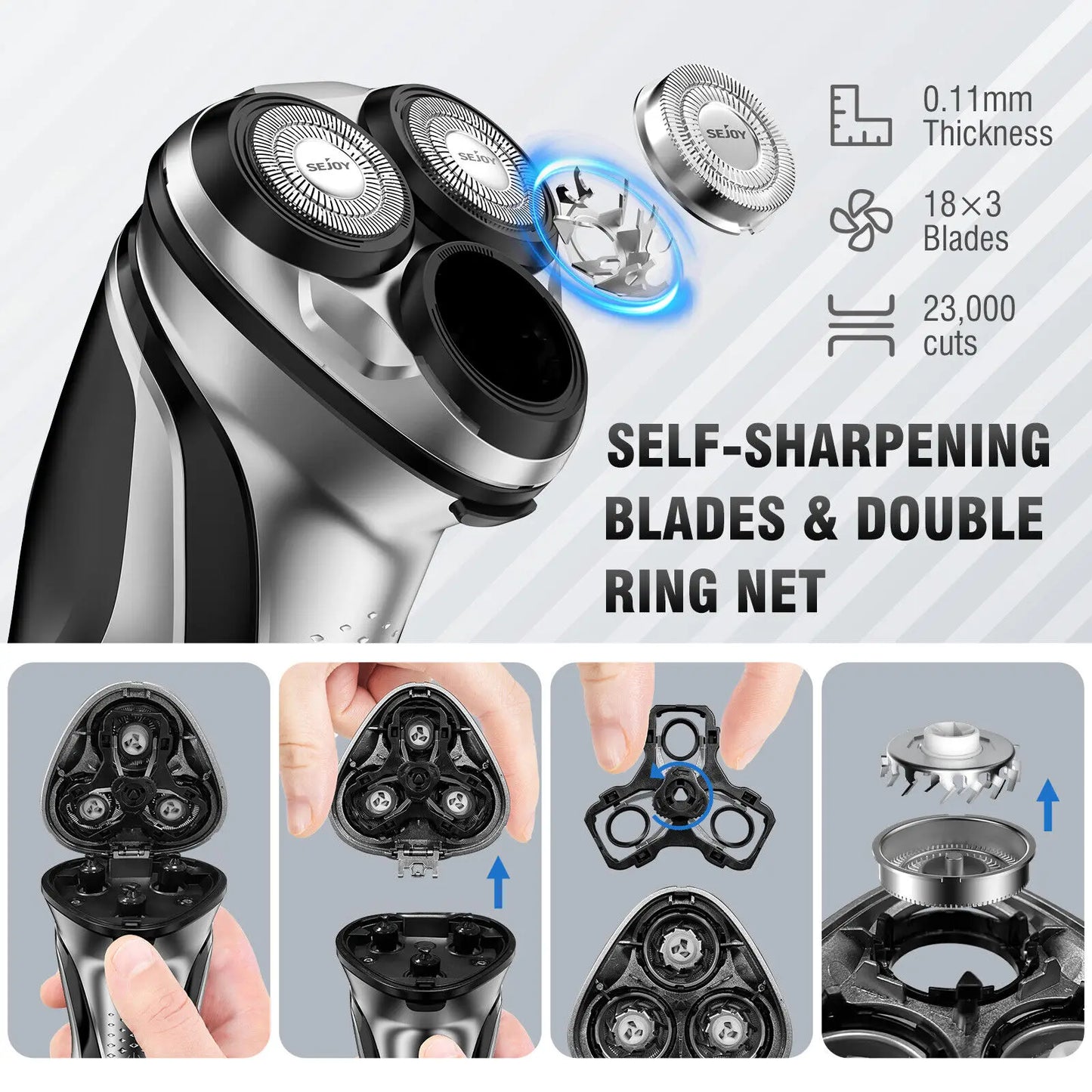 Sejoy 3D Electric Shaver For Men Fast Charging Wet And Dry Ipx7 Waterproof Razor Men's Electric Shaver With Pop-Up Trimmer